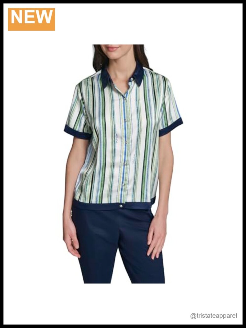 Karl Lagerfeld Women's Short Sleeve Collared Neck Striped Camp Shirt